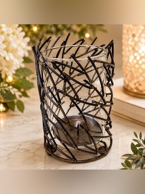 🔍 Rustic Metal & Glass Hurricane Candle Holder Modern Farmhouse